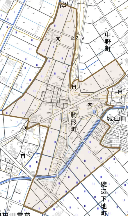 駒形町とその周辺の地図。町の範囲を重ねている