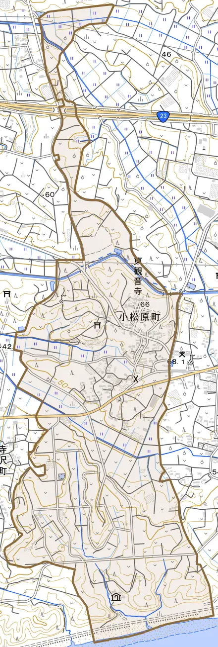 小松原町とその周辺の地図。町の範囲を重ねている
