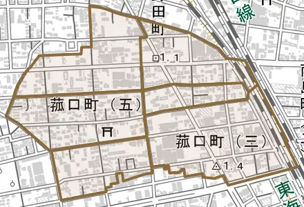 菰口町とその周辺の地図。町の範囲を重ねている