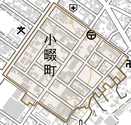 小畷町とその周辺の地図。町の範囲を重ねている