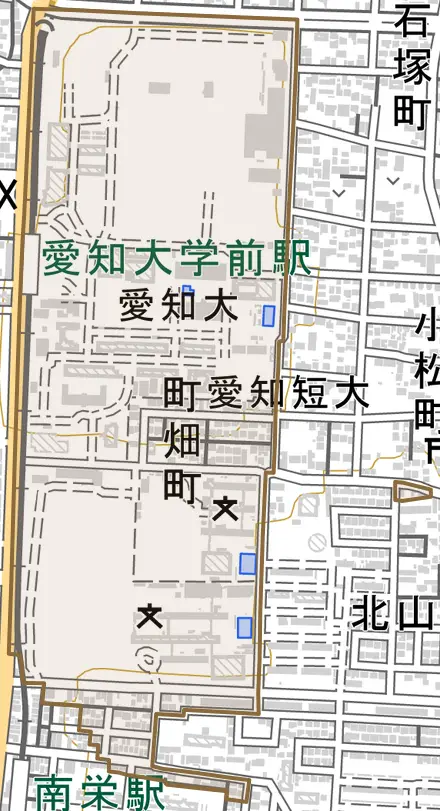 町畑町とその周辺の地図。町の範囲を重ねている