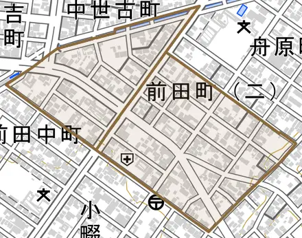 前田町とその周辺の地図。町の範囲を重ねている