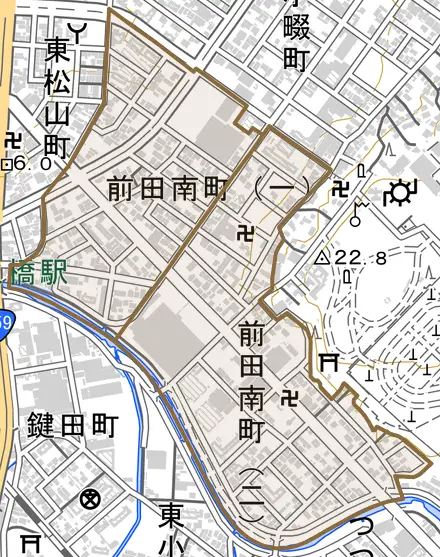 前田南町とその周辺の地図。町の範囲を重ねている