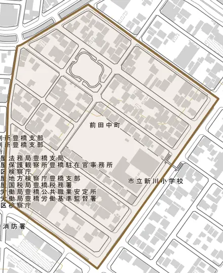 前田中町とその周辺の地図。町の範囲を重ねている