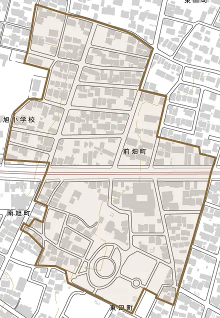 前畑町とその周辺の地図。町の範囲を重ねている