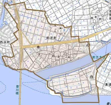 前芝町とその周辺の地図。町の範囲を重ねている