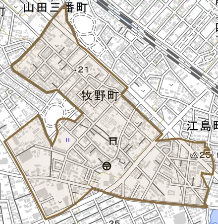 牧野町とその周辺の地図。町の範囲を重ねている