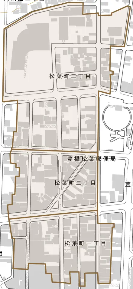 松葉町とその周辺の地図。町の範囲を重ねている