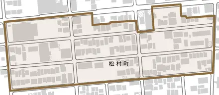 松村町とその周辺の地図。町の範囲を重ねている