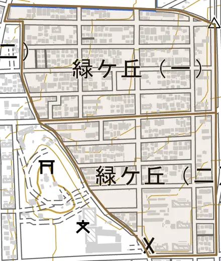 緑ケ丘とその周辺の地図。町の範囲を重ねている