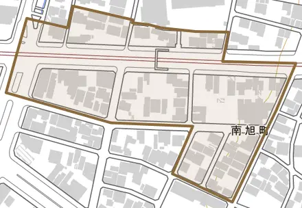 南旭町とその周辺の地図。町の範囲を重ねている