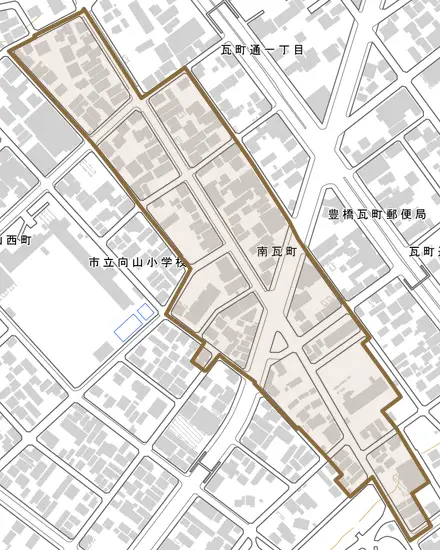 南瓦町とその周辺の地図。町の範囲を重ねている