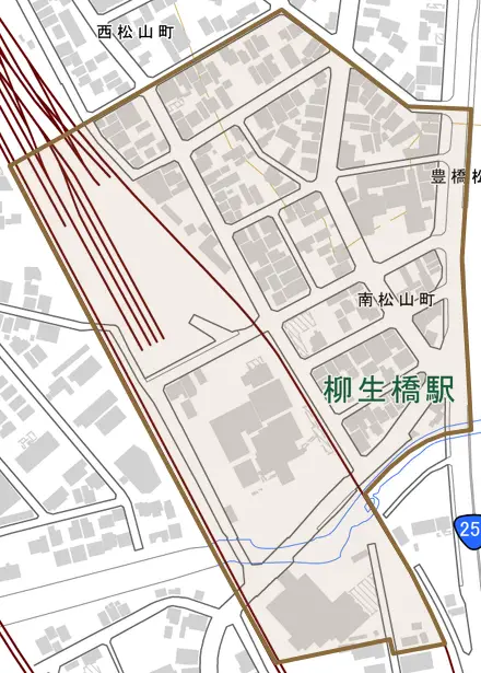 南松山町とその周辺の地図。町の範囲を重ねている