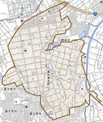 南大清水町とその周辺の地図。町の範囲を重ねている