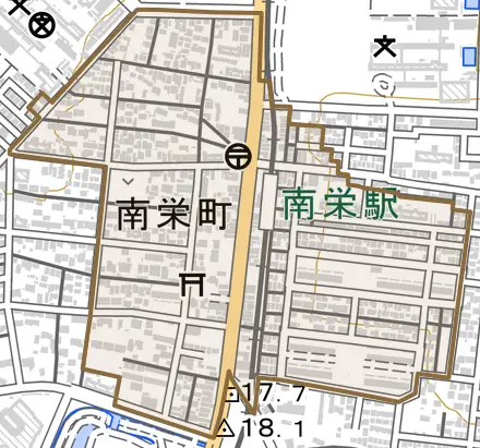 南栄町とその周辺の地図。町の範囲を重ねている