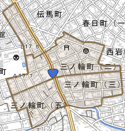三ノ輪町とその周辺の地図。町の範囲を重ねている