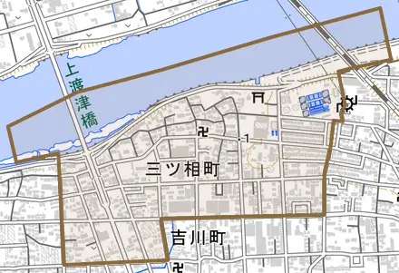 三ツ相町とその周辺の地図。町の範囲を重ねている