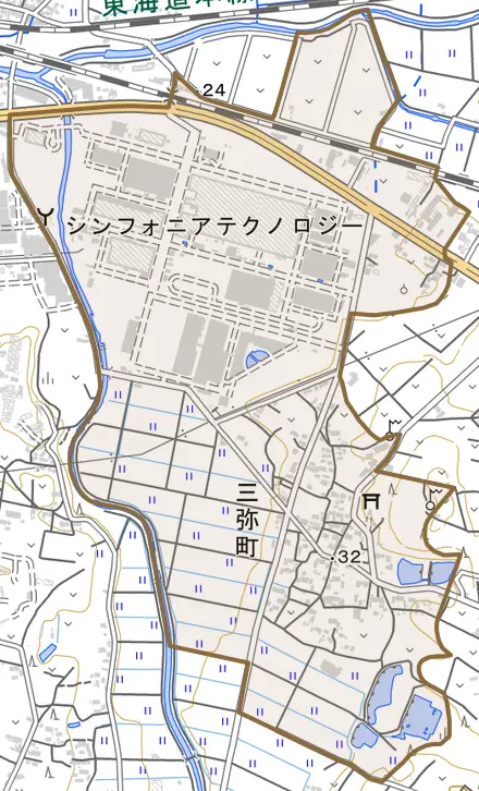 三弥町とその周辺の地図。町の範囲を重ねている