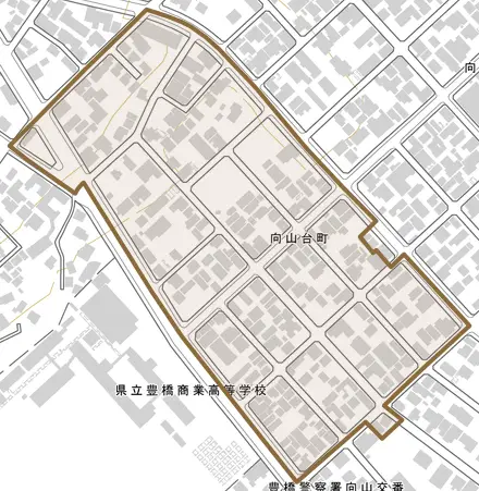 向山台町とその周辺の地図。町の範囲を重ねている