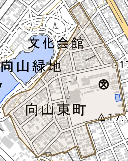 向山東町とその周辺の地図。町の範囲を重ねている
