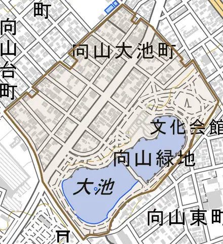 向山大池町とその周辺の地図。町の範囲を重ねている
