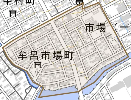 牟呂市場町とその周辺の地図。町の範囲を重ねている