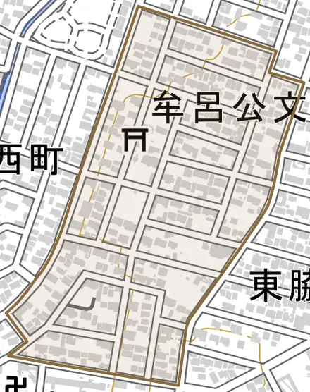 牟呂公文町とその周辺の地図。町の範囲を重ねている
