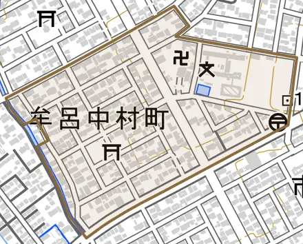 牟呂中村町とその周辺の地図。町の範囲を重ねている