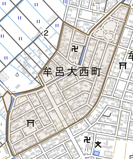 牟呂大西町とその周辺の地図。町の範囲を重ねている
