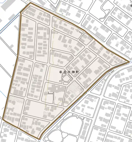 牟呂水神町とその周辺の地図。町の範囲を重ねている