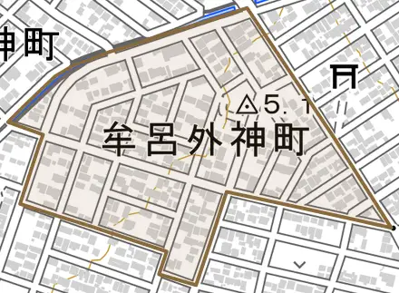 牟呂外神町とその周辺の地図。町の範囲を重ねている