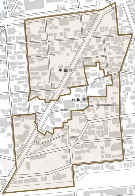中郷町とその周辺の地図。町の範囲を重ねている