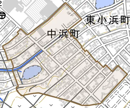 中浜町とその周辺の地図。町の範囲を重ねている