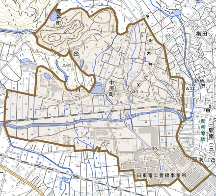 中原町とその周辺の地図。町の範囲を重ねている