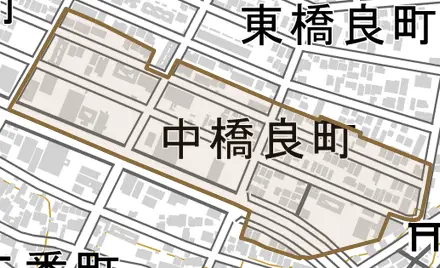 中橋良町とその周辺の地図。町の範囲を重ねている