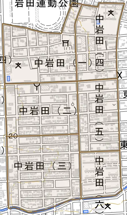 中岩田とその周辺の地図。町の範囲を重ねている