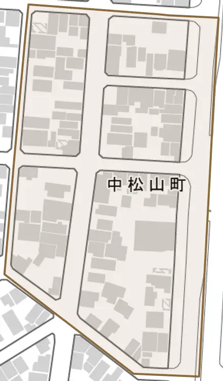 中松山町とその周辺の地図。町の範囲を重ねている