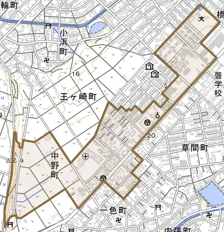 中野町とその周辺の地図。町の範囲を重ねている