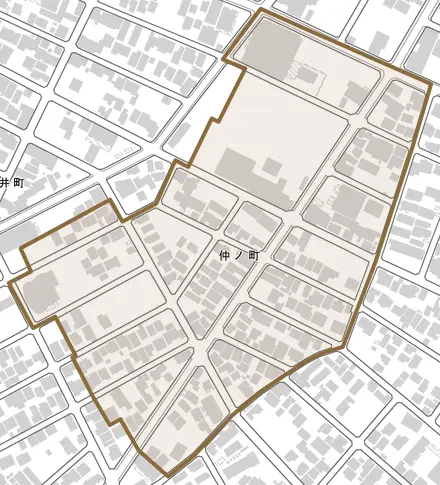 仲ノ町とその周辺の地図。町の範囲を重ねている