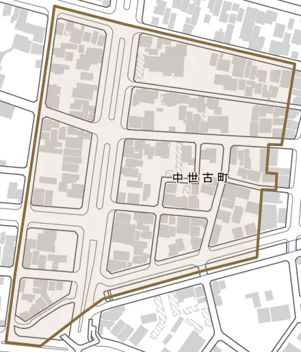 中世古町とその周辺の地図。町の範囲を重ねている