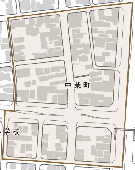 中柴町とその周辺の地図。町の範囲を重ねている