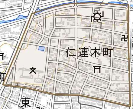 仁連木町とその周辺の地図。町の範囲を重ねている