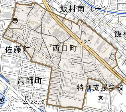西口町とその周辺の地図。町の範囲を重ねている