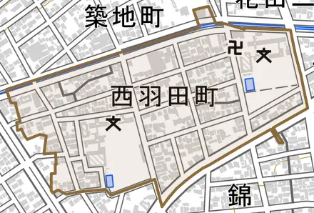 西羽田町とその周辺の地図。町の範囲を重ねている