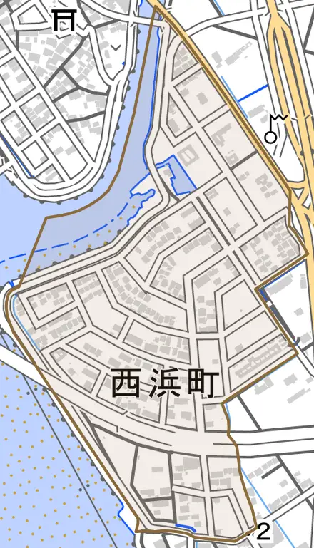 西浜町とその周辺の地図。町の範囲を重ねている