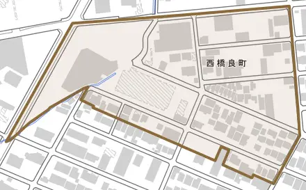 西橋良町とその周辺の地図。町の範囲を重ねている
