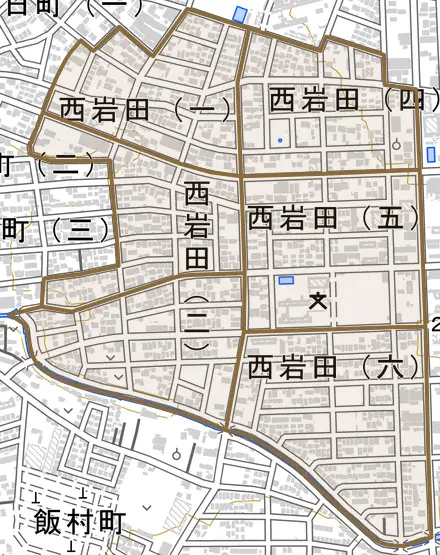 西岩田とその周辺の地図。町の範囲を重ねている