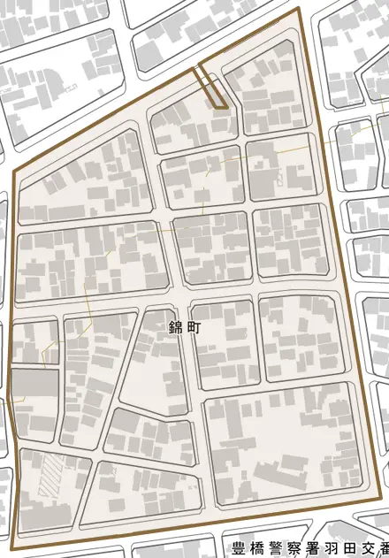 錦町とその周辺の地図。町の範囲を重ねている
