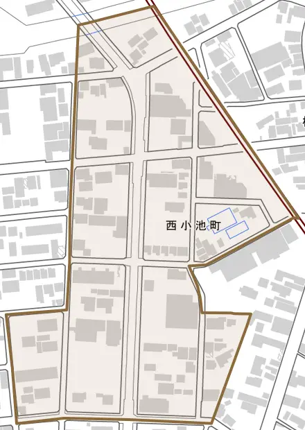 西小池町とその周辺の地図。町の範囲を重ねている