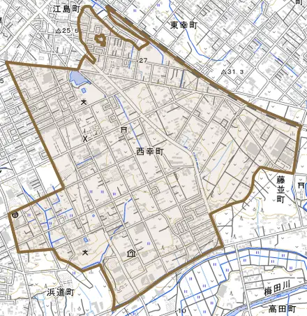 西幸町とその周辺の地図。町の範囲を重ねている
